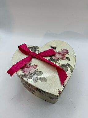 Heart-Shaped Floral Fabric and Cardboard Box with Pink Ribbon